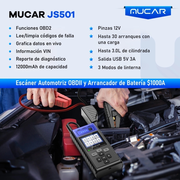 MUCAR JS501 – Arrancador 12V + Escáner OBD2 - Image 2